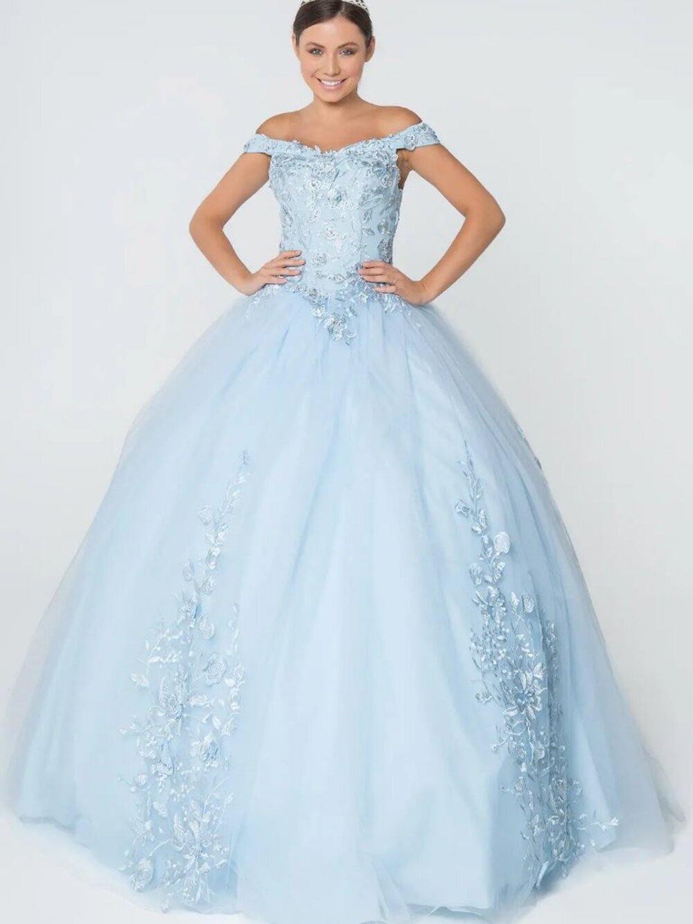 NEW BABY BLUE Mesh V-Neck Evening Gown Floor Length Embellished GL2802